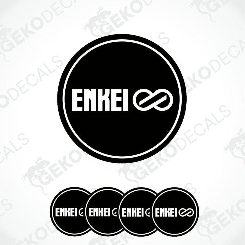 A set of four black vinyl stickers with the word 'ENKEI' and an associated symbol printed on them.