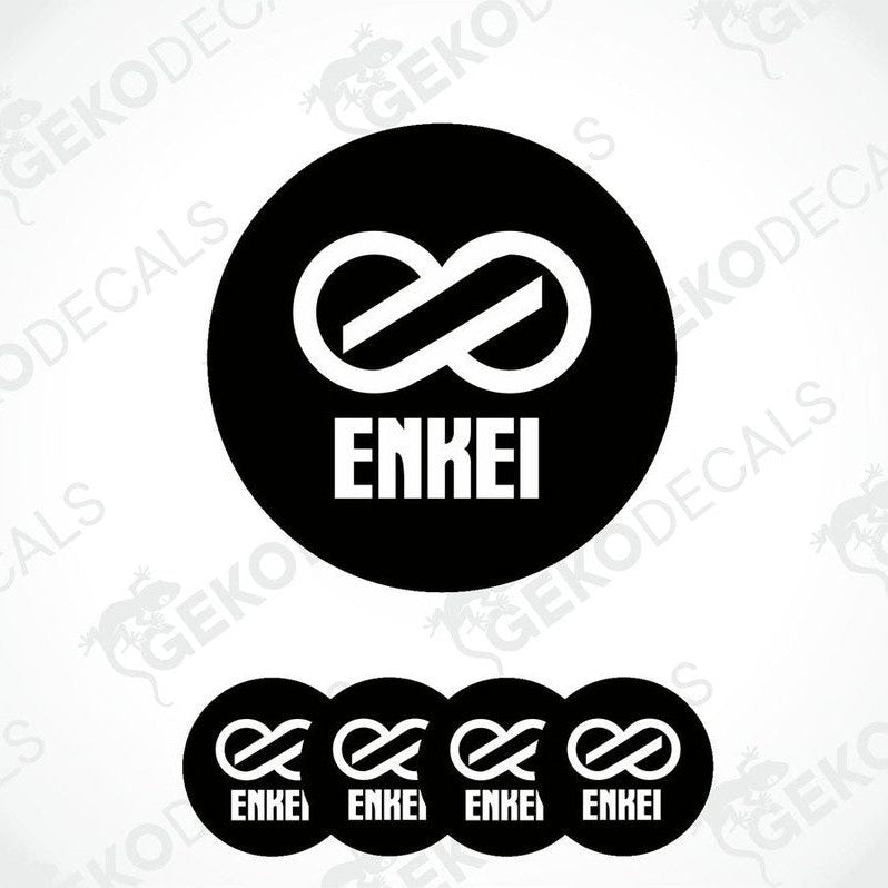 A set of four black vinyl stickers with a white ENKEI logo design.