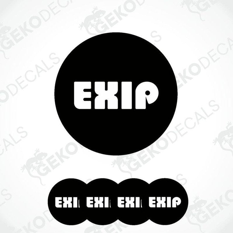 Set of four black vinyl decals with the EXIP brand logo in white text, designed for use as car wheel or vehicle decals.