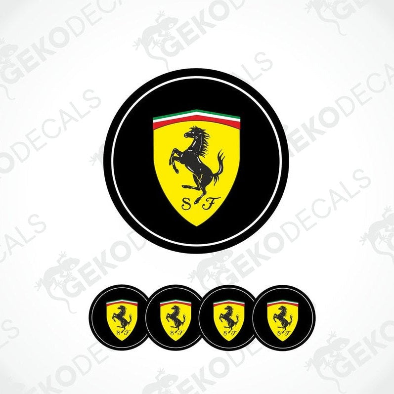 A set of four round vinyl stickers with a red, yellow, green, and black design featuring the Ferrari logo.
