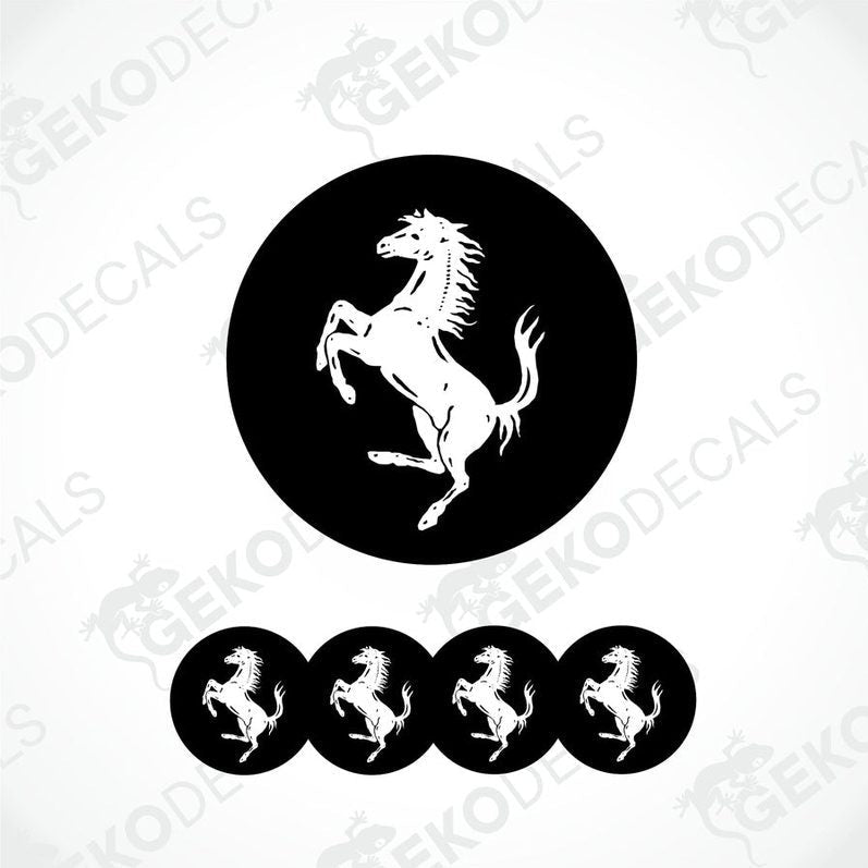 Set of vinyl decals with a white FERRARI horse logo on a black background, including four round decals for car wheels.