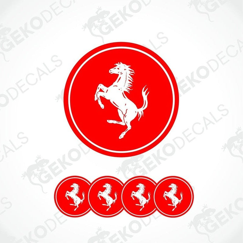 Set of vinyl red decals with a white FERRARI horse logo on a white background, including four round decals for car wheels.