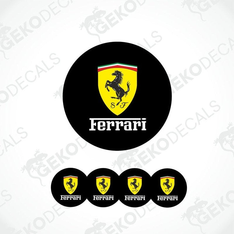 A set of black, yellow, and red vinyl decals with the Ferrari logo.