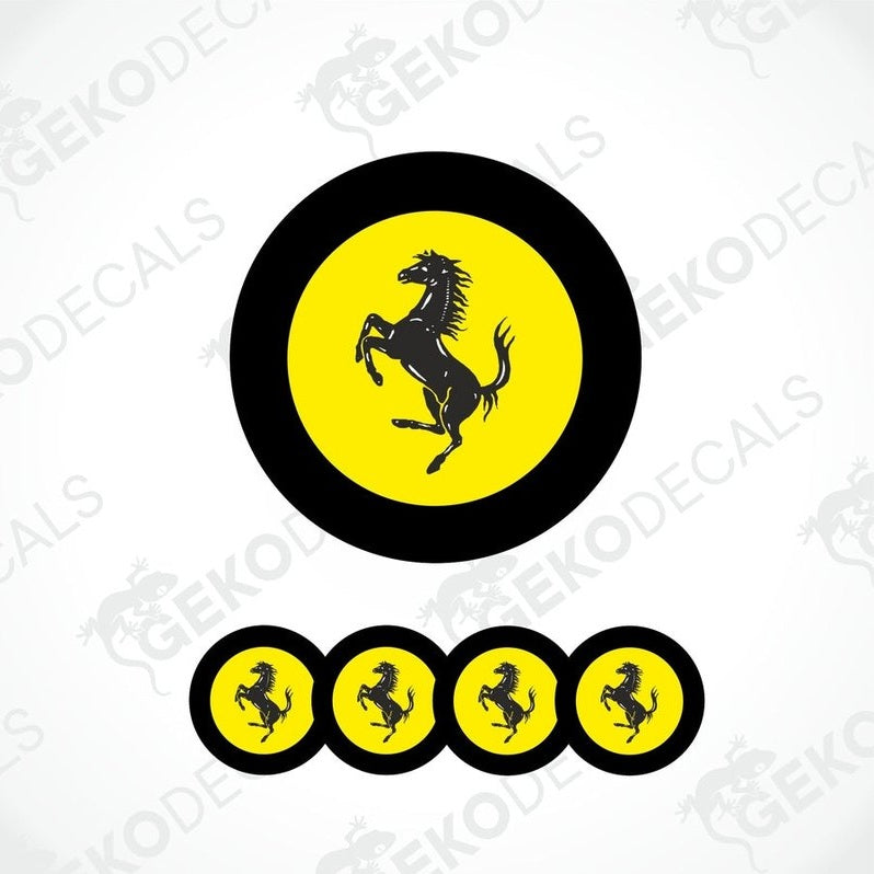Set of black vinyl stickers with a black Ferrari horse logo inside a yellow circle, four round stickers for car rims.
