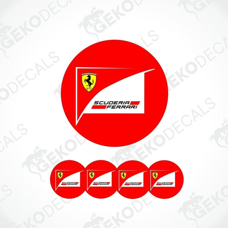 A set of red vinyl decals with the Ferrari Scuderia logo, including four different designs.