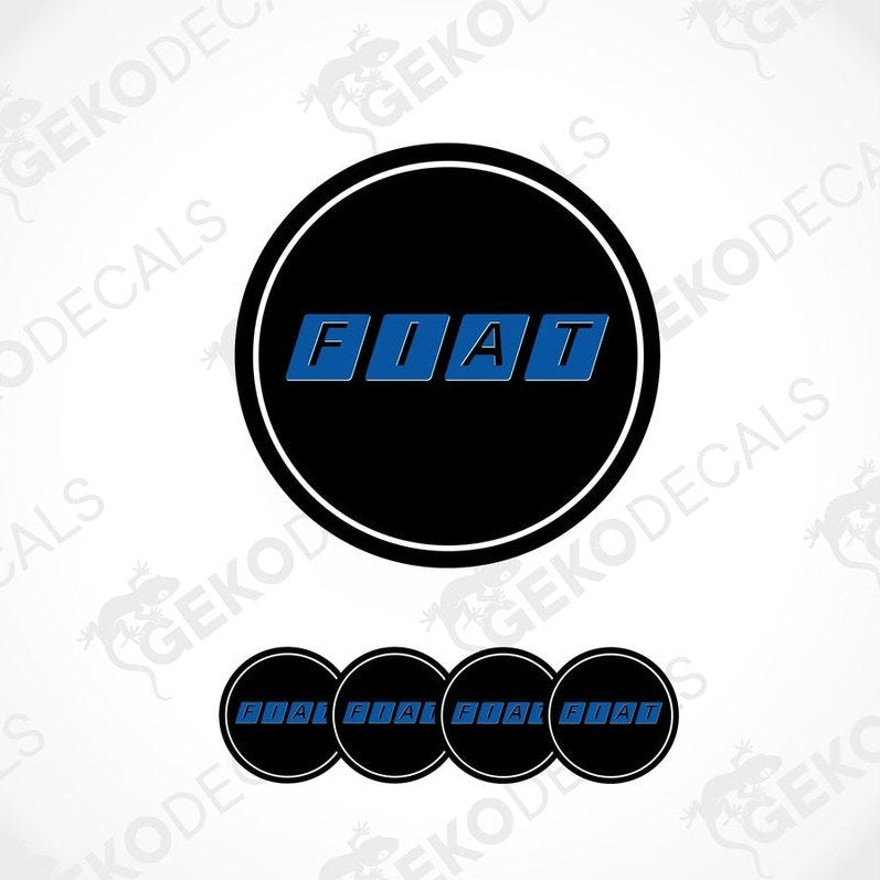 A set of four black and blue car wheel decals with the brand name 'FIAT' on them.