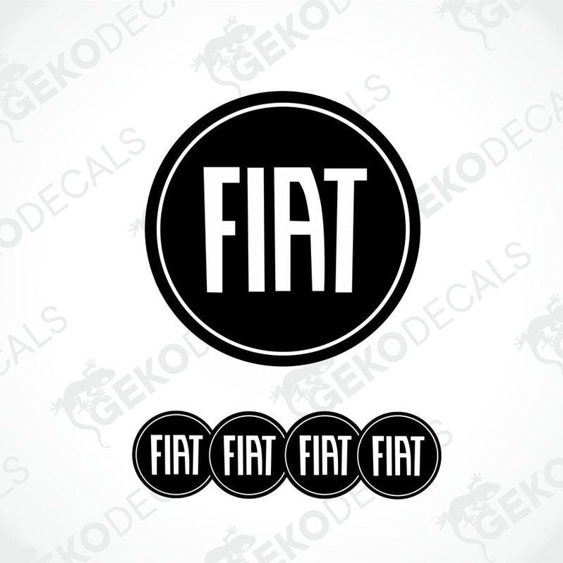 A set of four black vinyl stickers with the word 'FIAT' written in white.