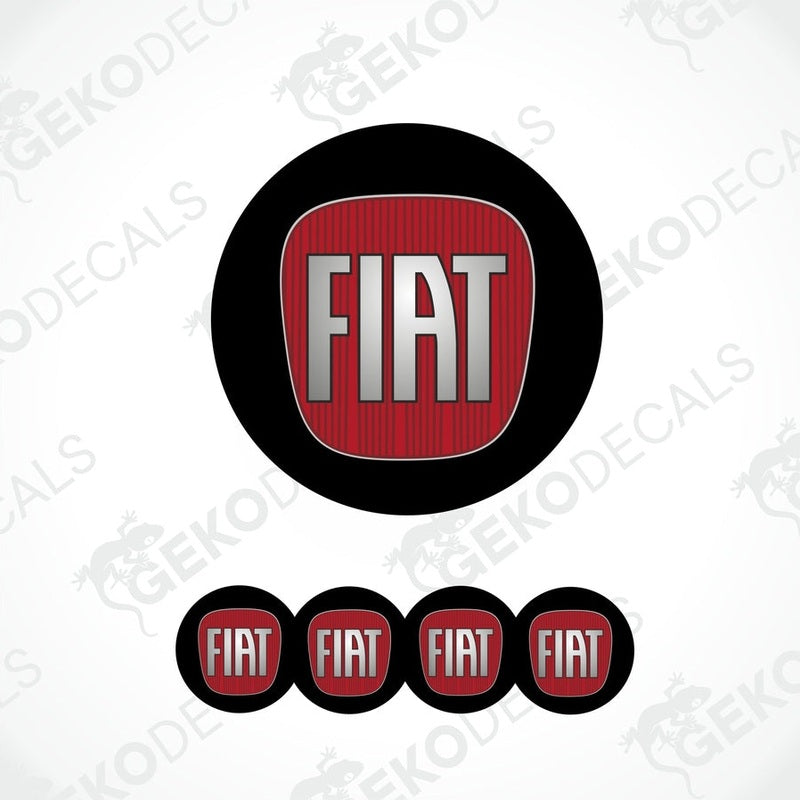 A set of four red and black FIAT branded vinyl decals with a polyurethane coating.