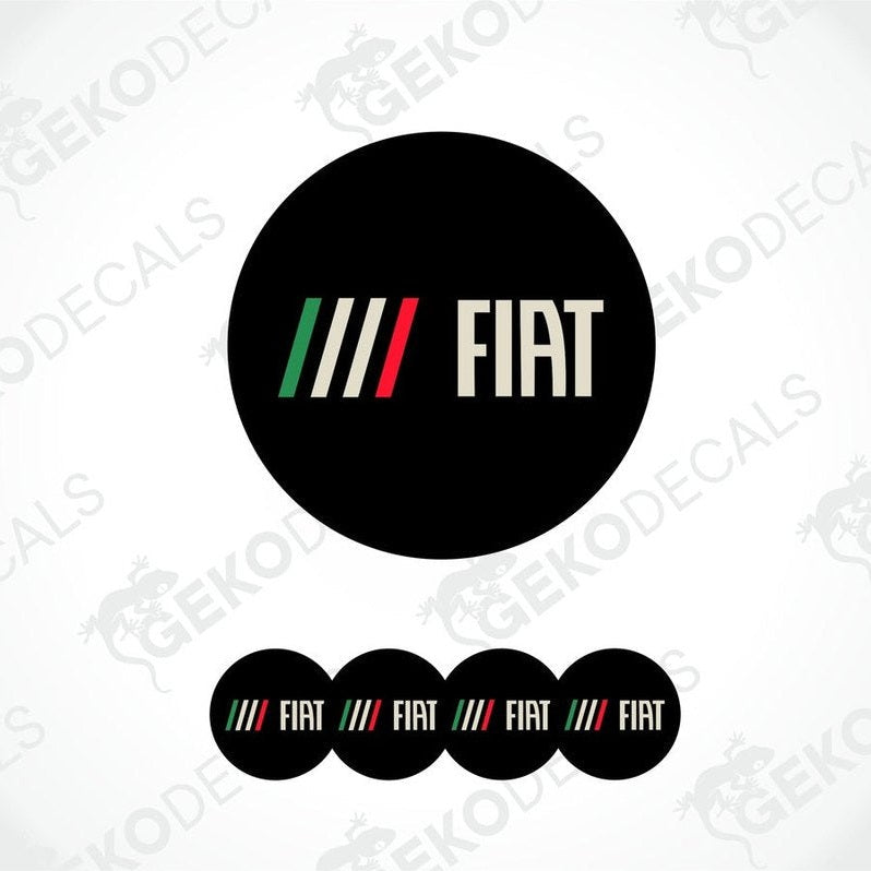 A set of four round car decals with the Fiat brand logo, predominantly black with a colorful stripe and white lettering.