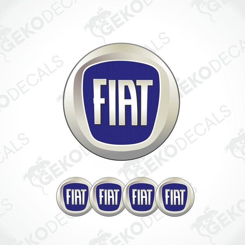 A set of four blue and white Fiat branded vinyl stickers with a polyurethane coating.