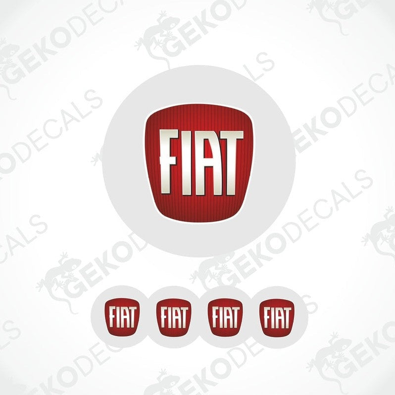 A set of four white vinyl stickers with the Fiat brand logo in red and black.