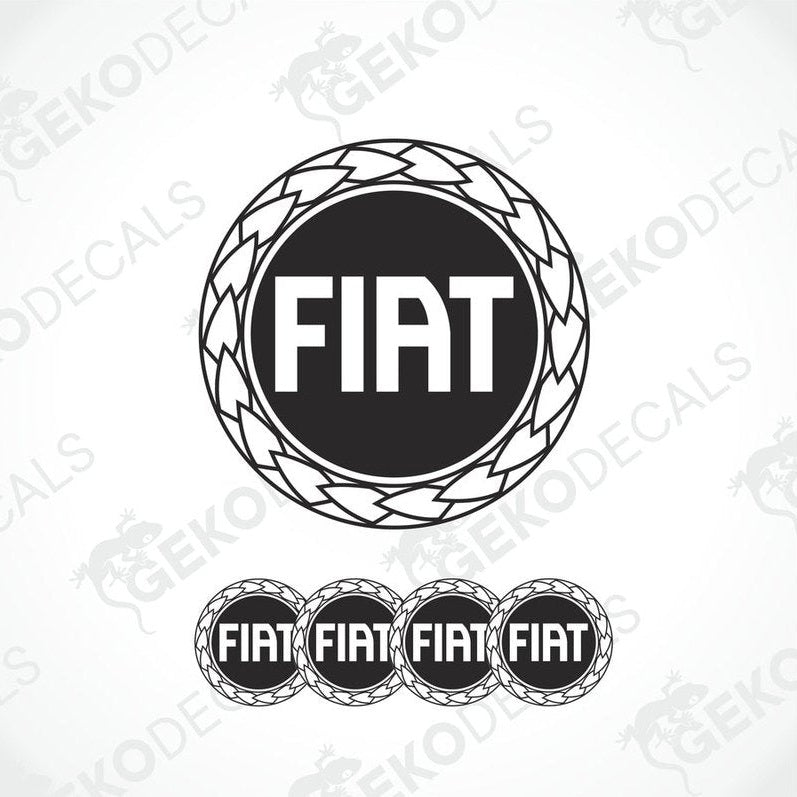 A set of four black vinyl stickers with the word 'FIAT' embossed on them, arranged in a circular pattern with a logo at the top.