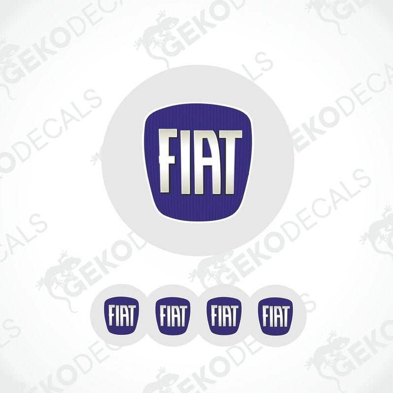 A set of four white vinyl stickers with the Fiat brand logo in blue and white.