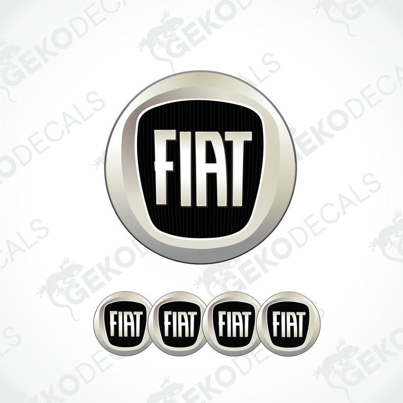 A set of four black and white Fiat branded vinyl stickers with a polyurethane coating.