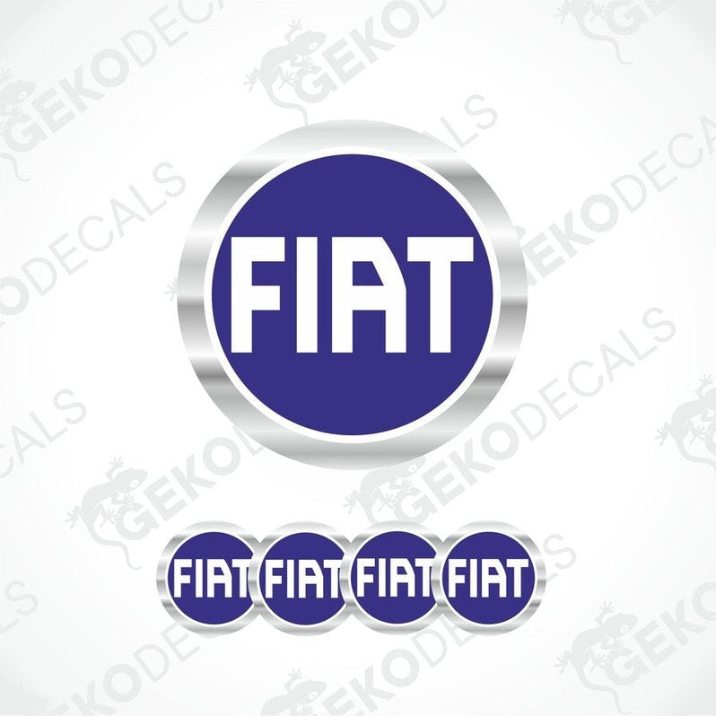 A set of four blue and silver FIAT branded vinyl stickers with a polyurethane coating.