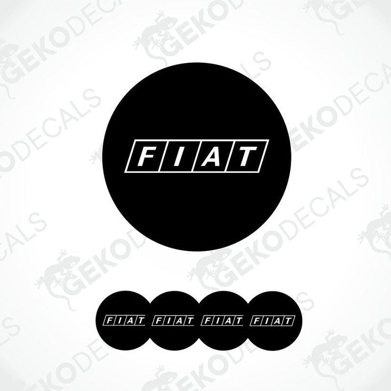 A set of four black and white car wheel decals with the brand name 'FIAT' on them.
