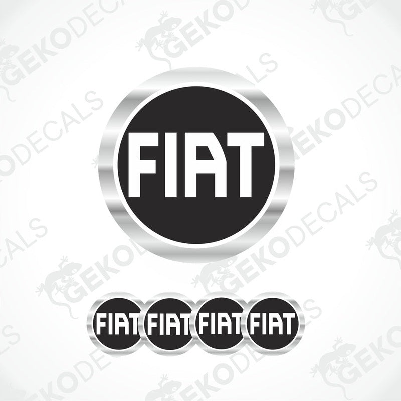 A set of four black and silver FIAT branded vinyl stickers with a polyurethane coating.