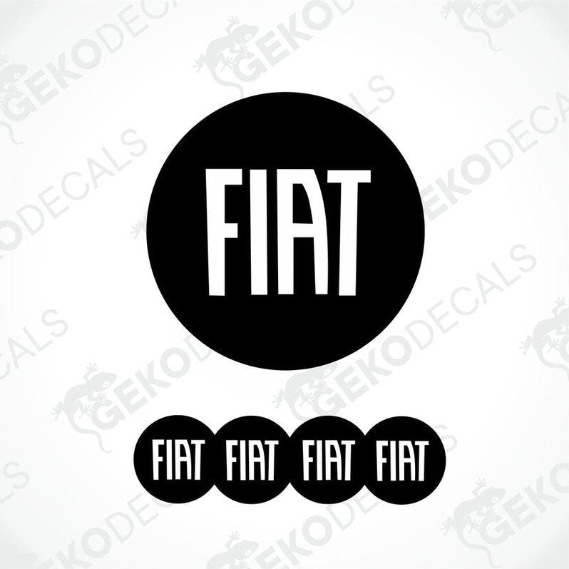 A set of four black vinyl stickers with the word 'FIAT' written in white.