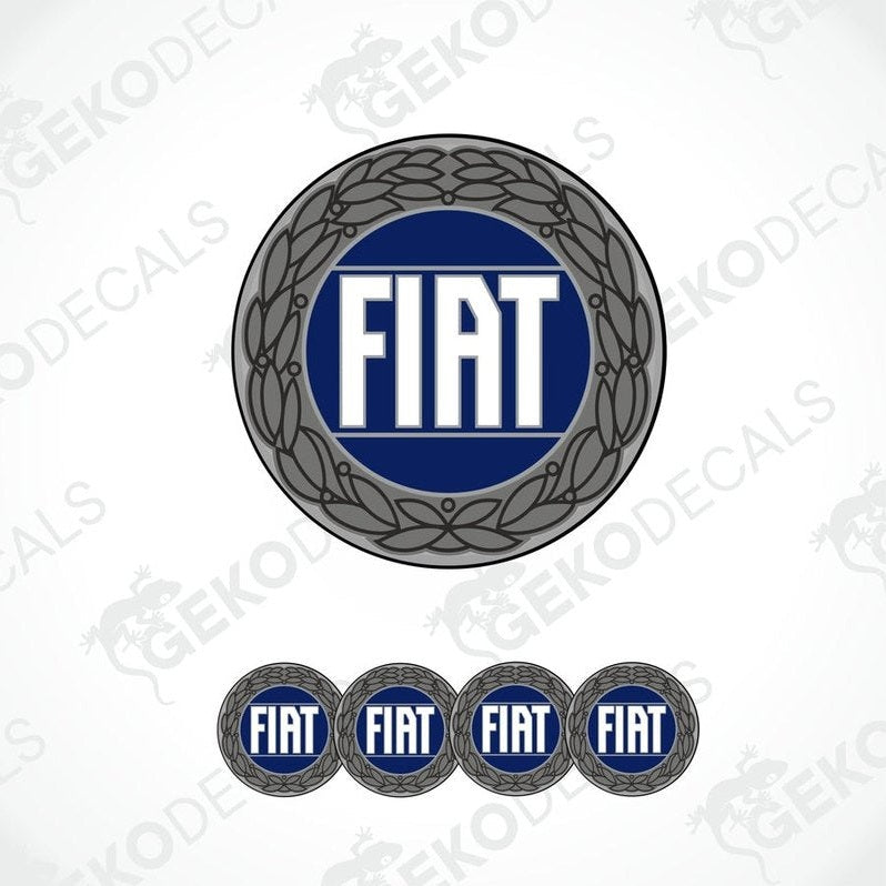 A set of four grey-colored vinyl stickers with the word 'FIAT' embossed in blue, displayed against a white background.