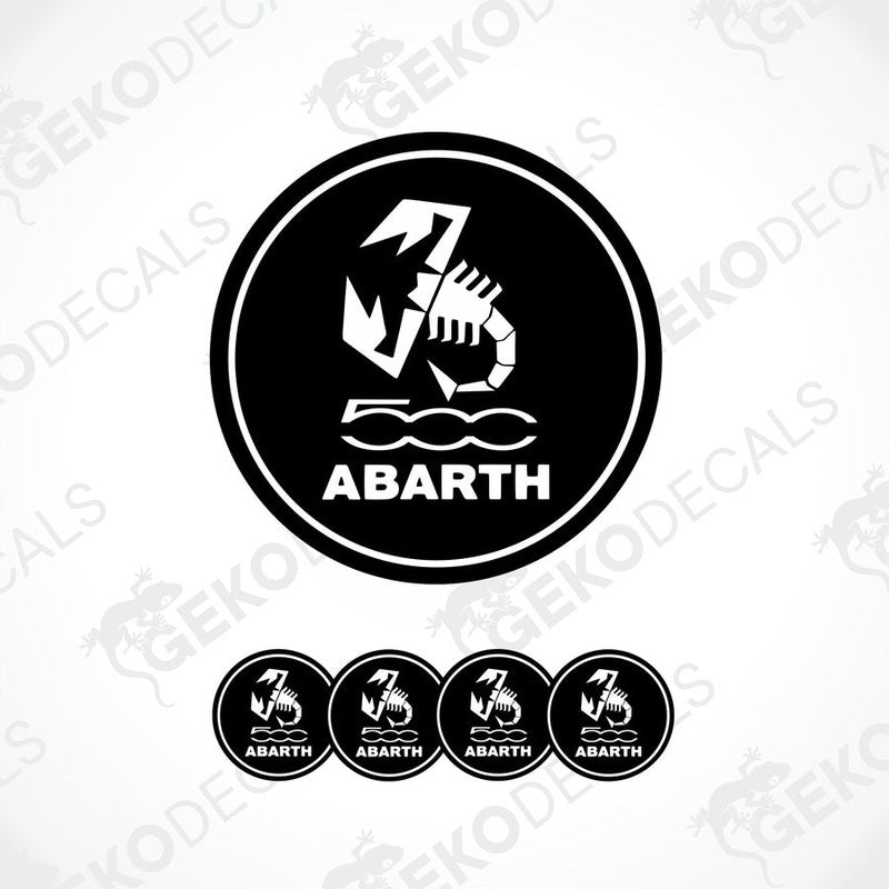 A set of four black vinyl stickers with the FIAT ABARTH logo and a scorpion graphic design.