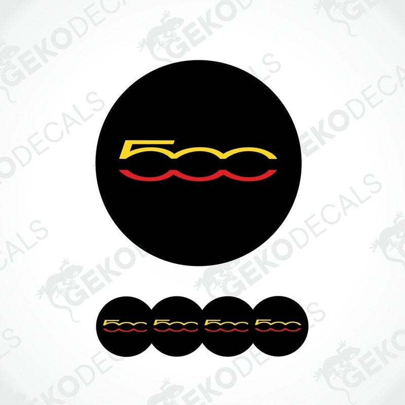 Set of four black, red, and yellow vinyl decals for a car, with a prominent 'FIAT ABARTH 500' logo.