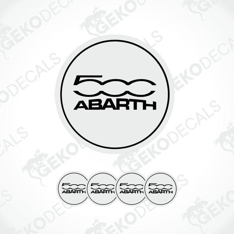 A set of four white-colored vinyl stickers with 'FIAT ABARTH 500' text and the ABARTH logo on them.