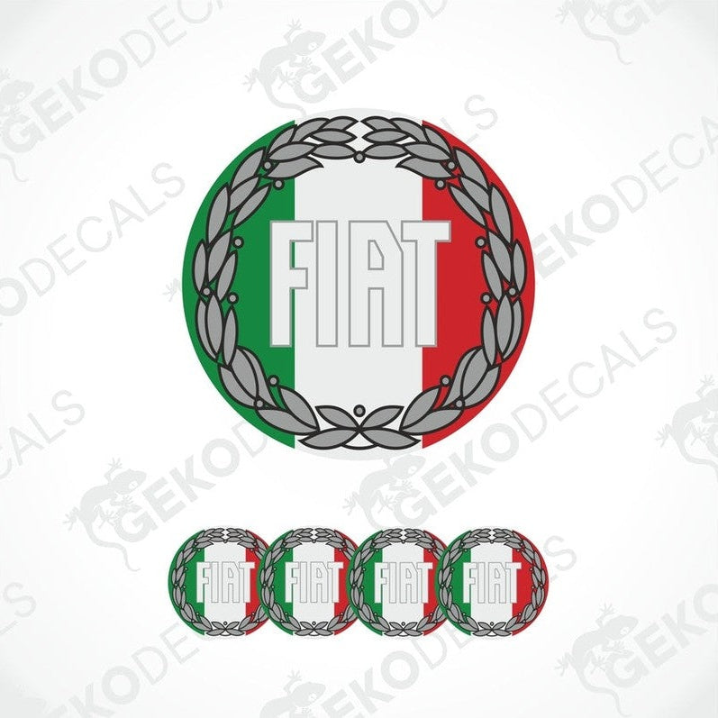 A set of vinyl decals with a Fiat Italy theme, including a round decal with the Fiat logo in the center and four additional dome-shaped decals with the Italian flag colors.