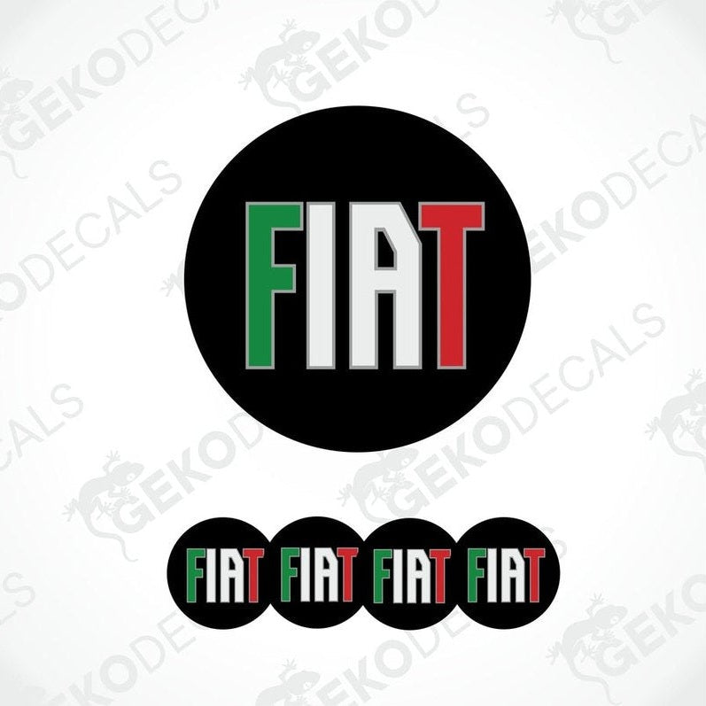 A set of four round vinyl stickers with a Fiat logo design, featuring the colors of the Italian flag.