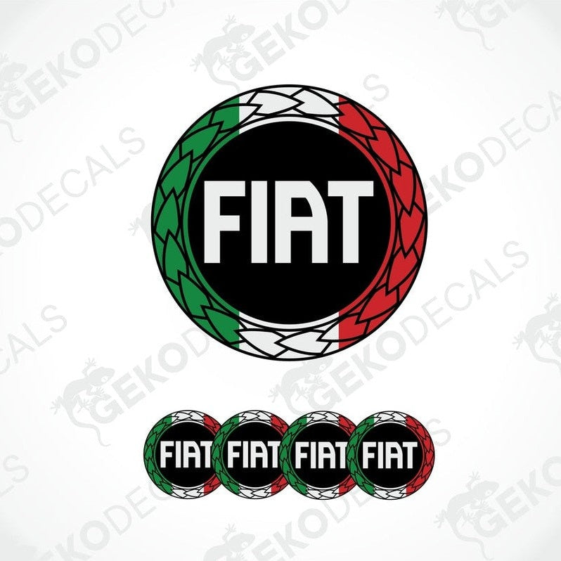 A set of four round vinyl stickers with a Fiat logo design, featuring colors similar to the Italian flag.