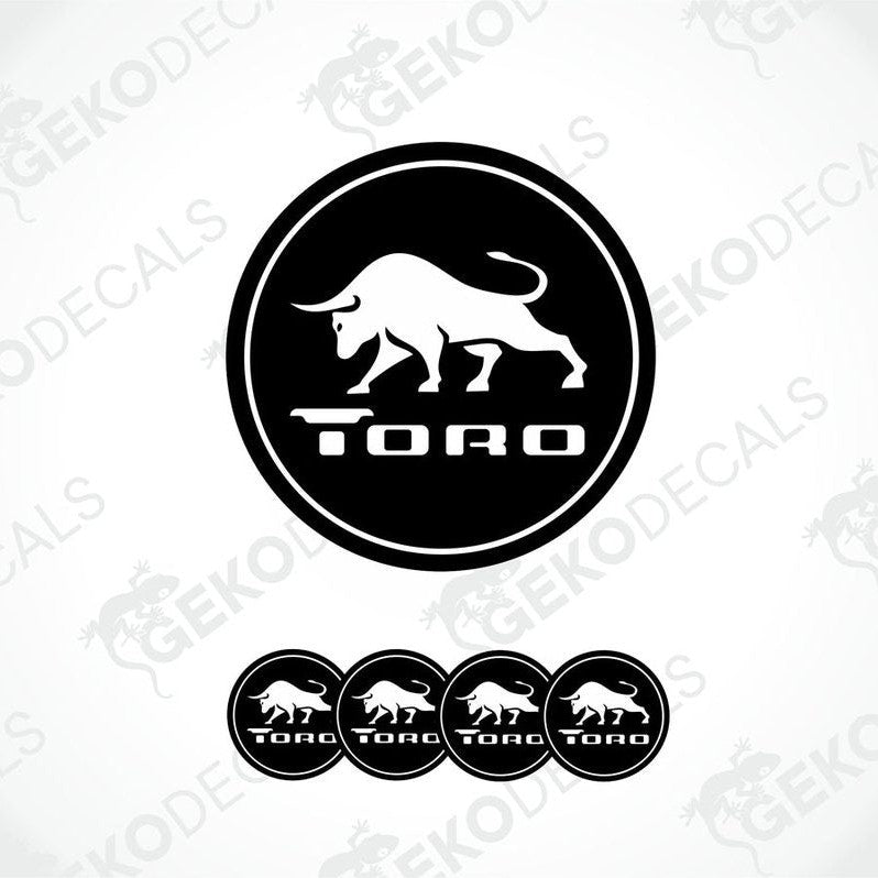 A set of black and white vinyl decals with the Toro brand logo, designed for use as car stickers.