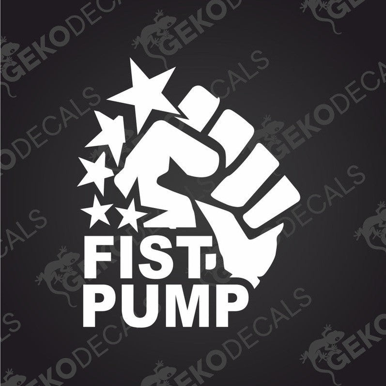 A decal with a fist and the text 'FIST PUMP' surrounded by stars.