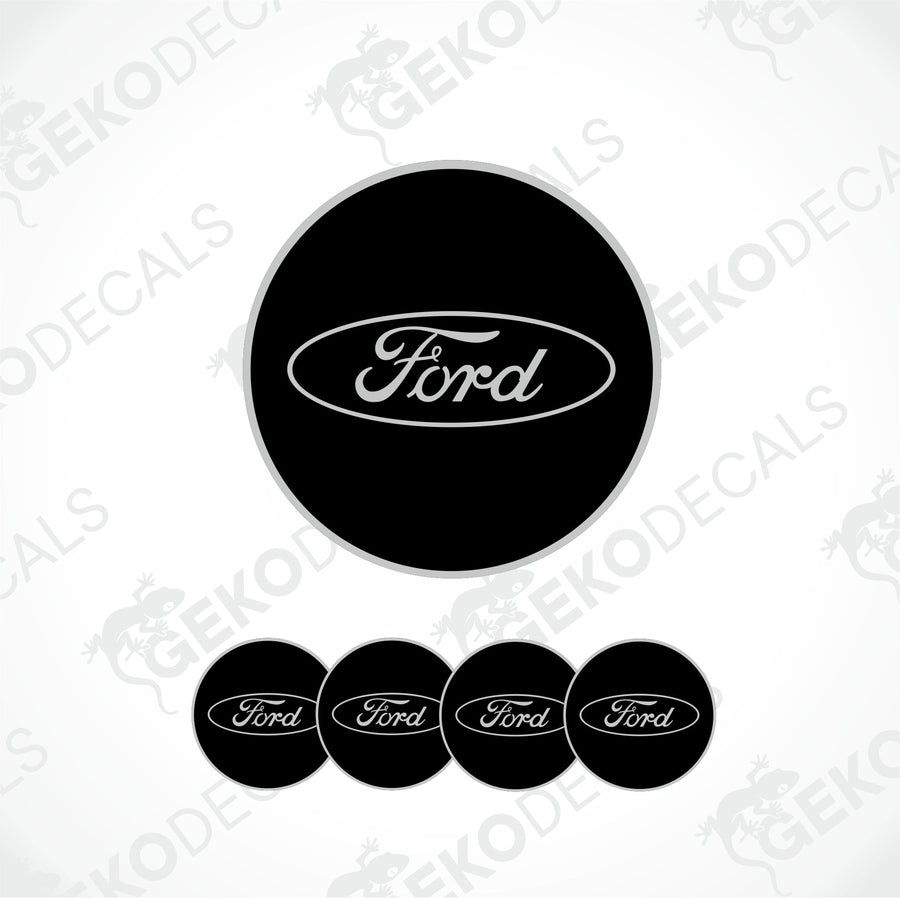 A set of four black vinyl stickers with the word 'FORD' printed on them, designed for use as car decals.