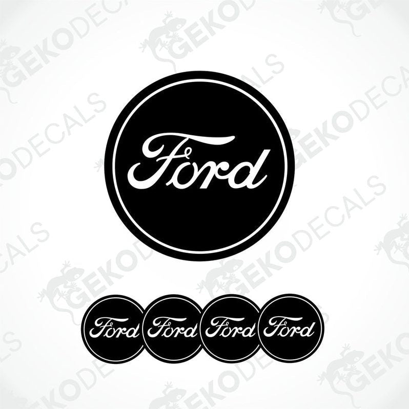 A set of four black and white Ford branded vinyl decals.