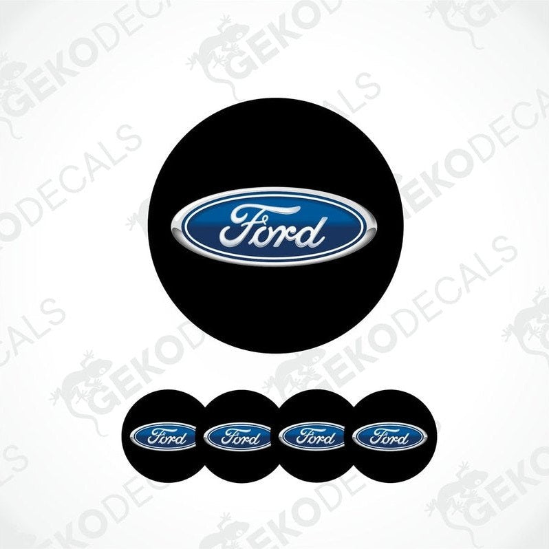 A set of four black, blue, and white Ford branded vinyl decals.