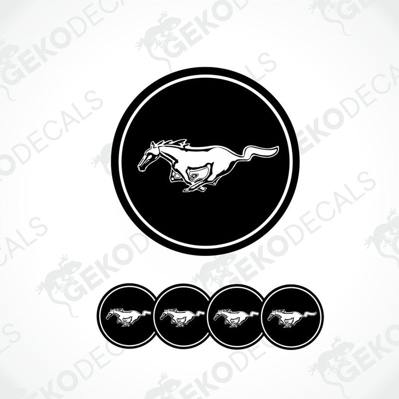 A set of four black and white vinyl decals with the Ford Mustang horse logo.