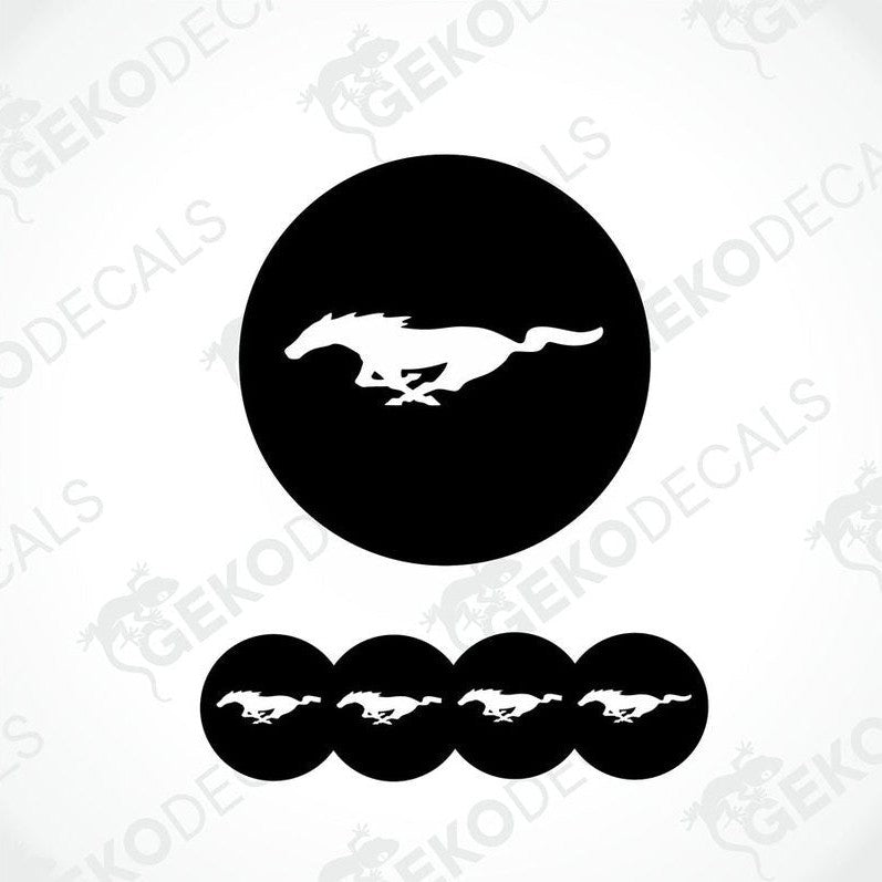 A set of four black and white vinyl decals with the Ford Mustang horse logo.