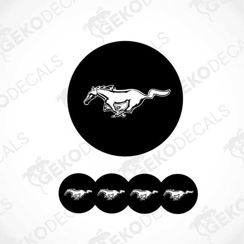 A set of four black and white vinyl decals with a Ford Mustang horse logo.