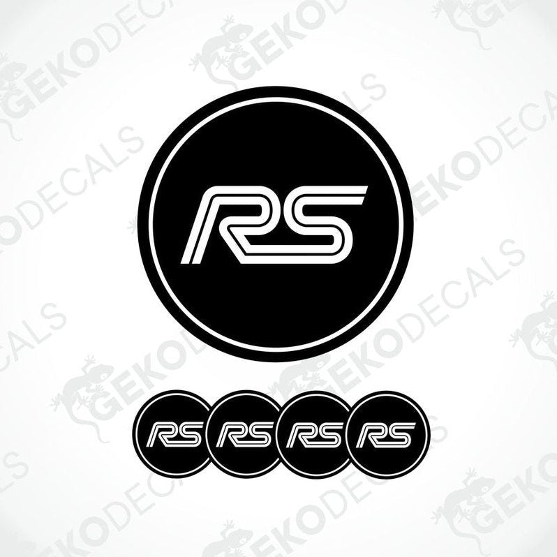 A set of four vinyl decals with a polyurethane coating featuring the FORD RS logo in black and white.