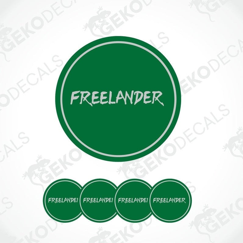 A set of four green vinyl decals with the word 'FREELANDER' printed on them, presented against a white background.