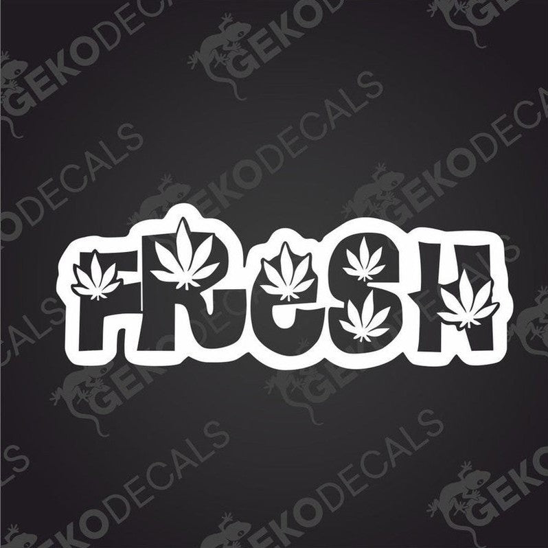White FRESH cannabis leaf die cut car decal with bold block lettering