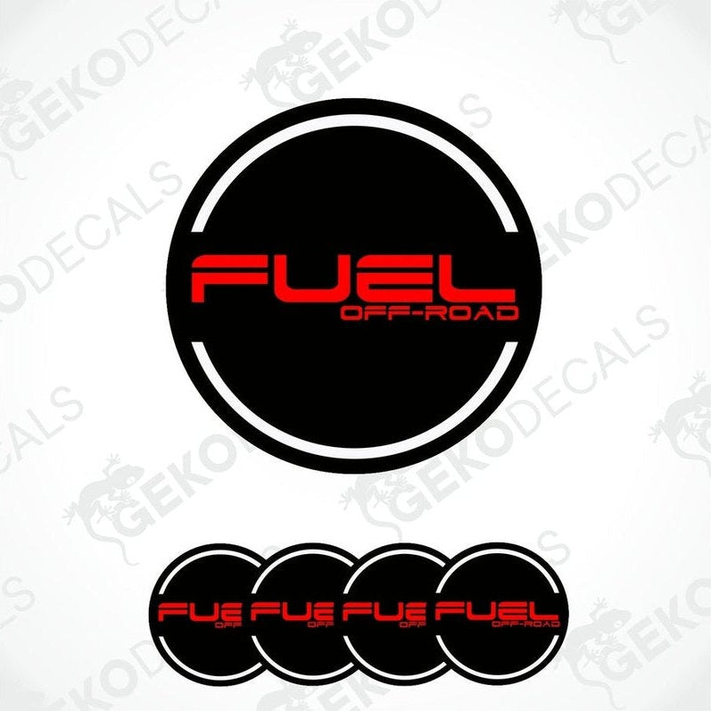 A set of black, red, and white vinyl decals with the text 'FUEL OFF ROAD' on them, designed for vehicle wheels.