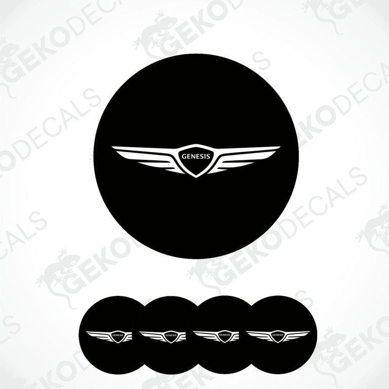 Set of four black and white polyurethane-coated vinyl stickers designed for use as car wheel covers. With GENESIS logo