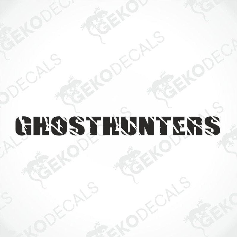A black car with a 'GHOSTHUNTERS' decal on the windshield.