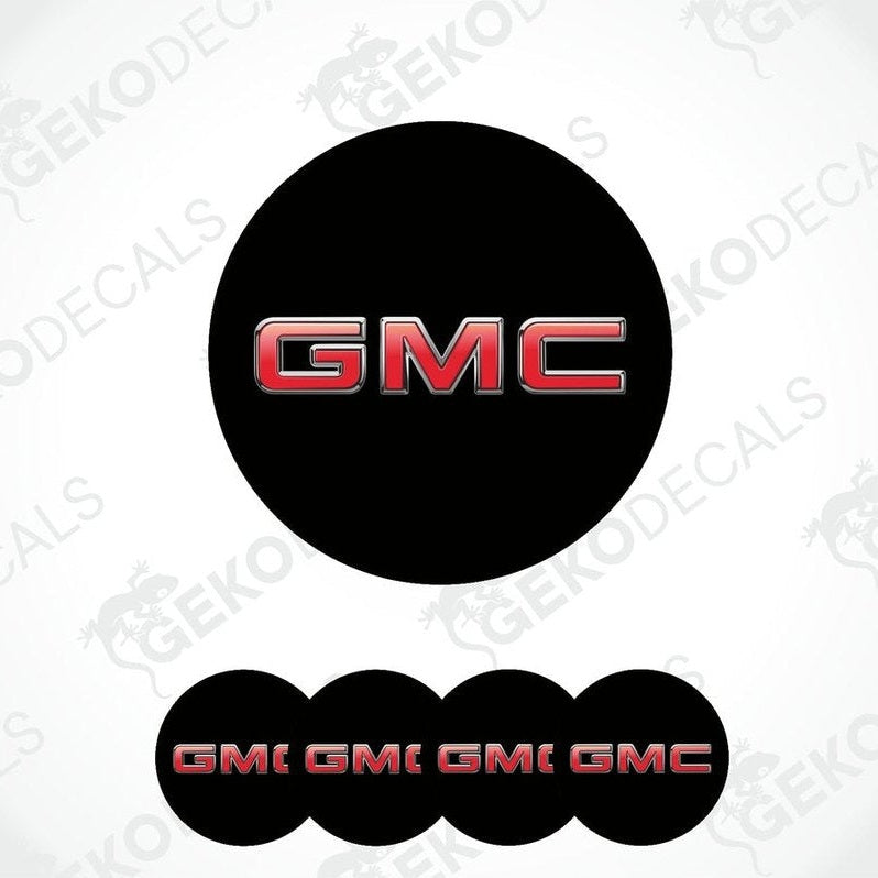 A set of four black and red vinyl decals with the GMC logo.