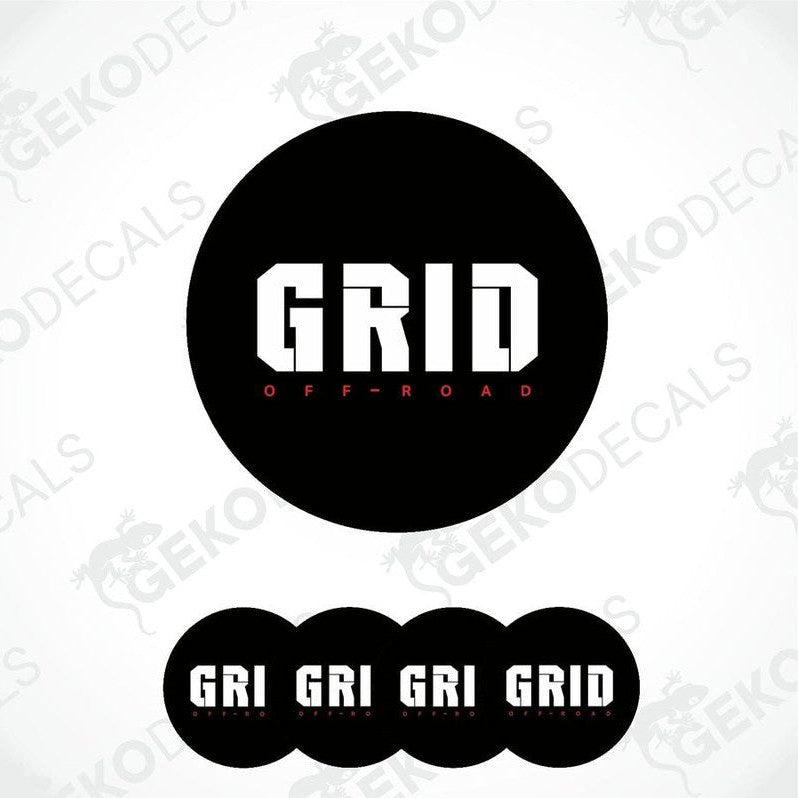 A set of black vinyl decals with the text 'GRID OFF-ROAD' in white and red.