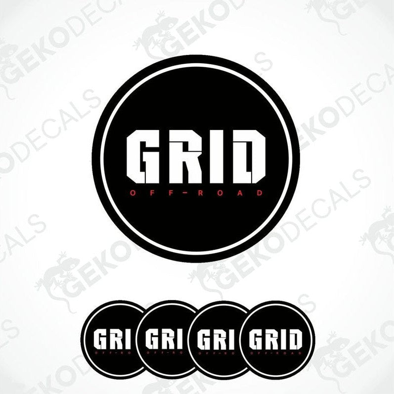 A set of four black vinyl stickers with the word 'GRID' and 'OFF-ROAD' printed on them, arranged in a circular pattern with a white background.