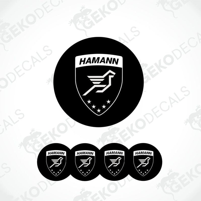A set of four black vinyl stickers with the HAMANN brand logo featuring a bird and stars design.