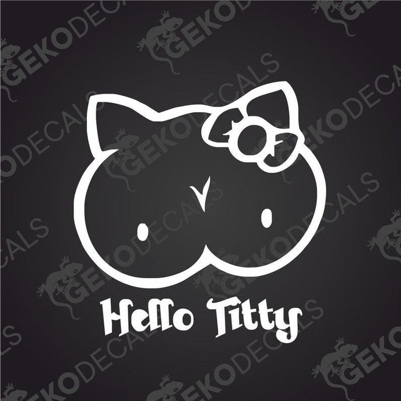 Text cut out of a white sticker HELLO TITTY