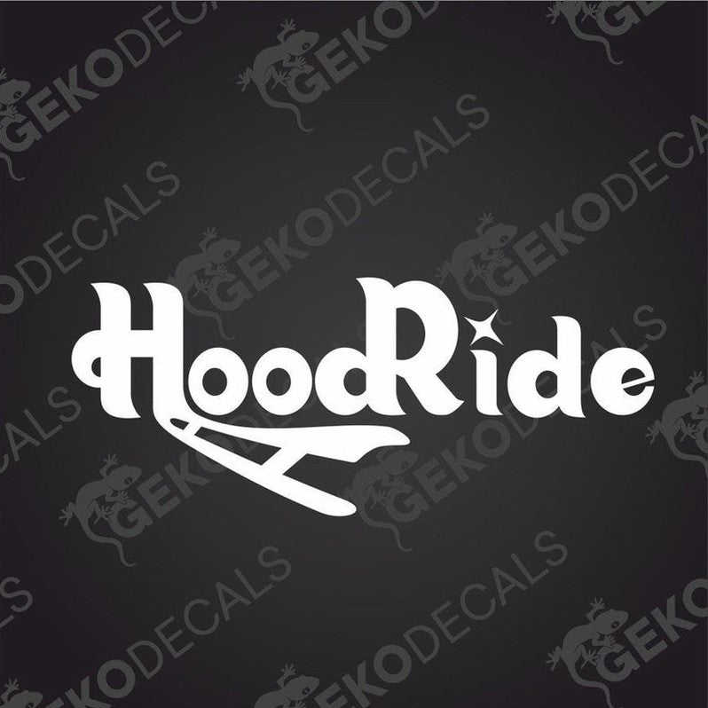 White HoodRide die cut car decal with stylized font and wing graphic on transfer paper