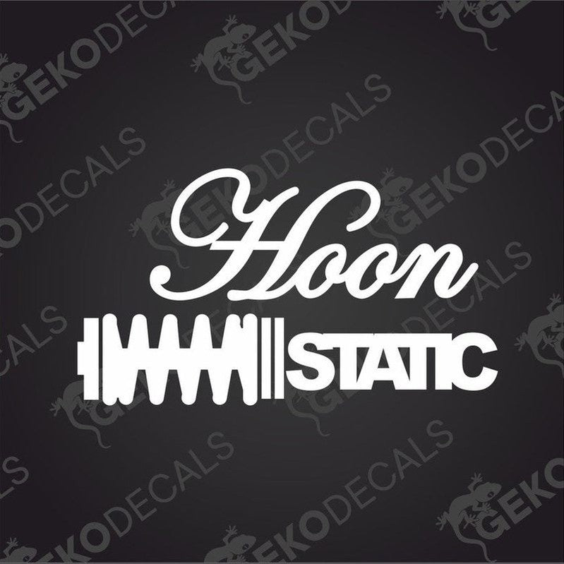 White Hoon Static die cut car decal with cursive and block lettering on transfer paper